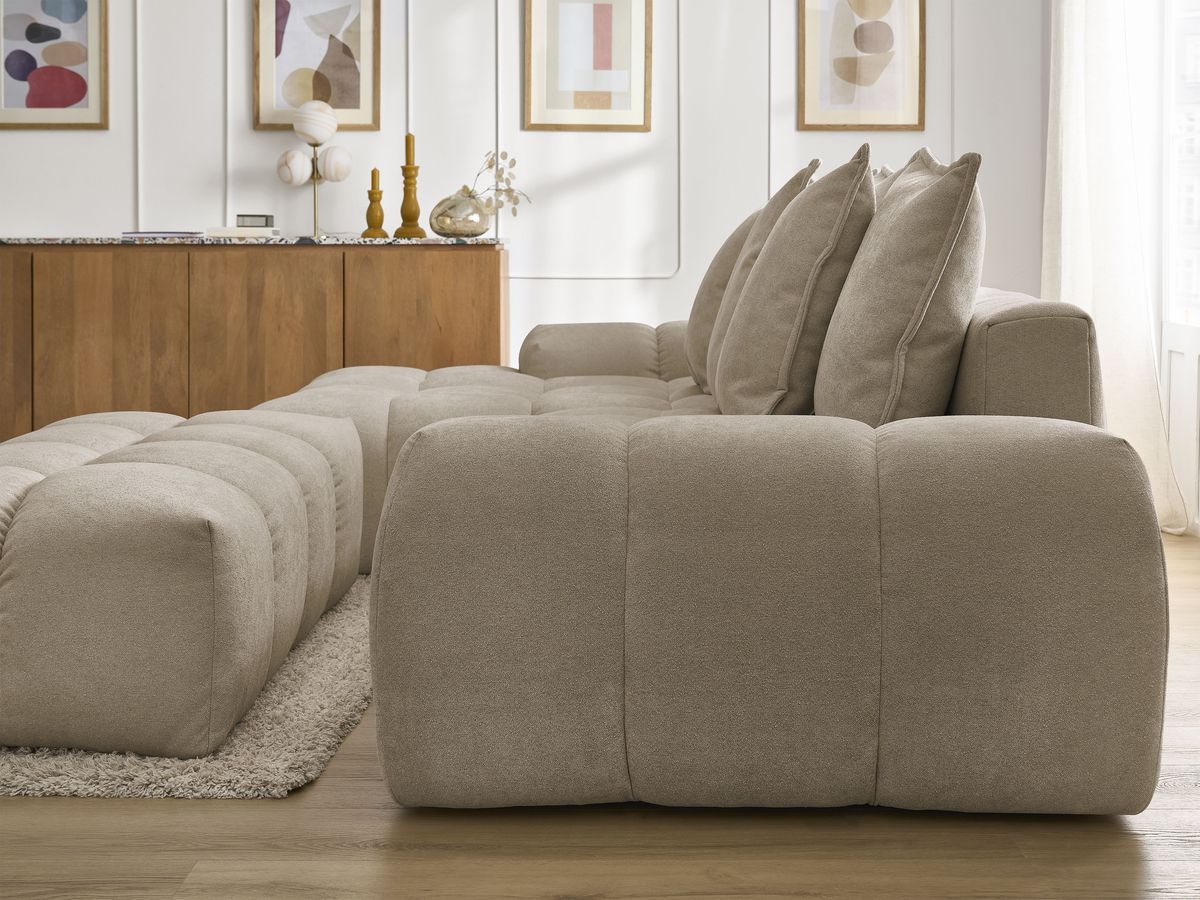 Bobochic Everest Ecksofa mit Schlaffunktion und Bettkasten und Pouf 318 × 180 cm, 7 Kissen Strukturstoff Taupe Ecke links