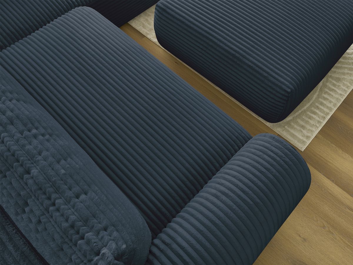 Bobochic Lucien Ecksofa mit Schlaffunktion und Bettkasten und Pouf 296 × 198 cm Breitcord weich Dunkelblau Ecke rechts