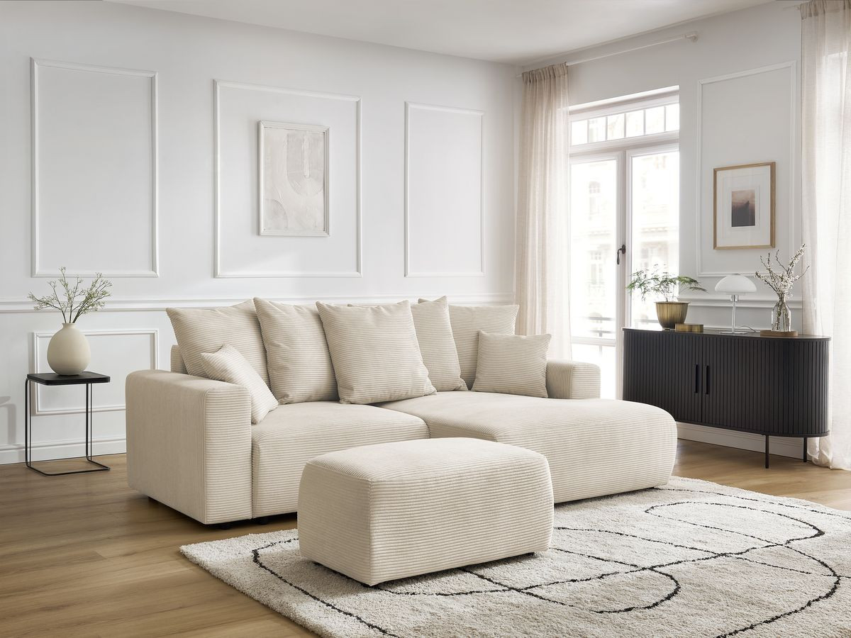 Bobochic Atilla Ecksofa mit Schlaffunktion und Bettkasten und Pouf Cordsamt Beige Ecke rechts