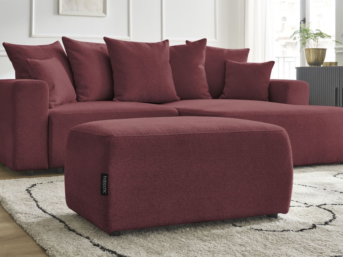 Bobochic Atilla Ecksofa mit Schlaffunktion und Bettkasten und Pouf Melange-Stoff Rot Ecke rechts