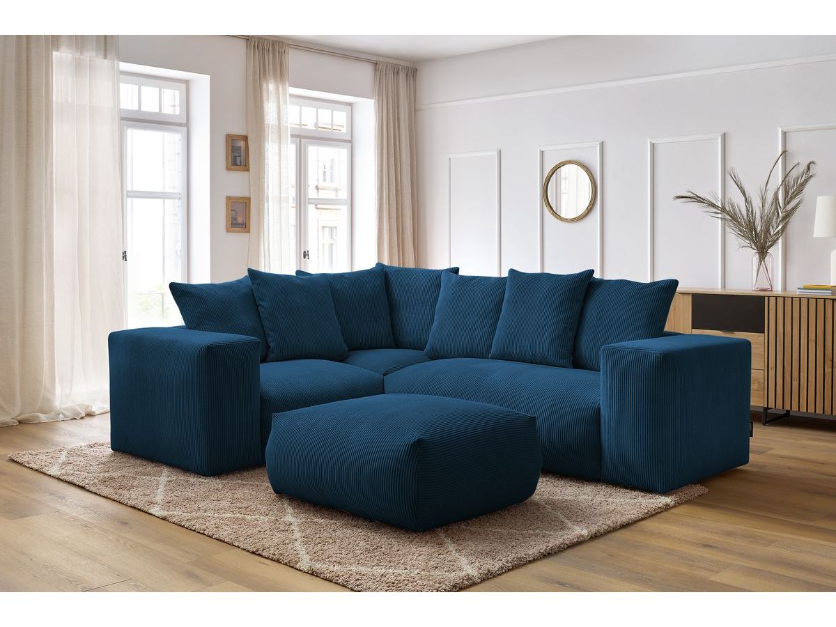 Bobochic Voltaire Ecksofa mit Pouf 268 × 214 cm Cordsamt Dunkelblau Ecke links