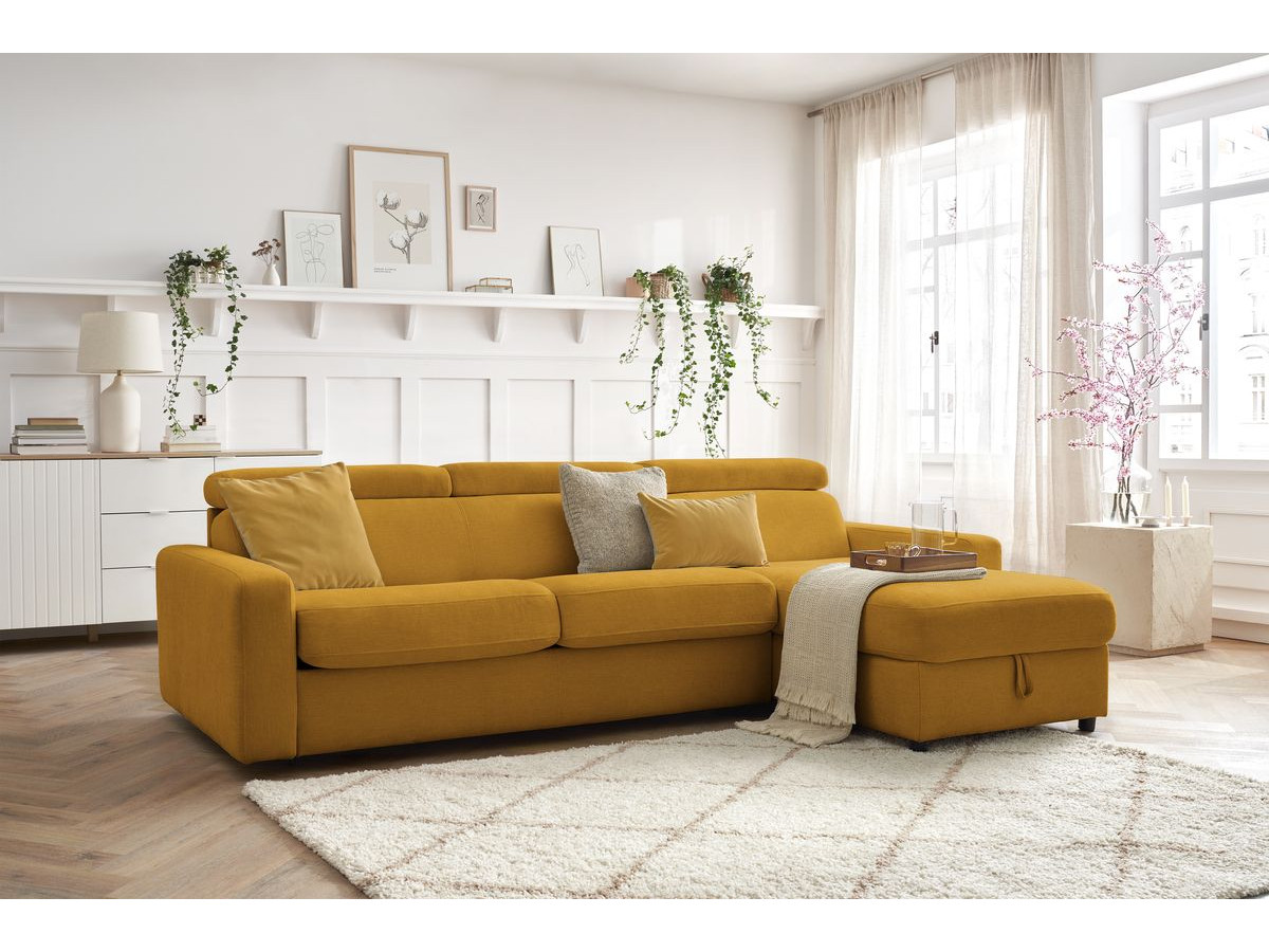 Bobochic Monaco Ecksofa mit Schlaffunktion und Bettkasten Stoff Gelb, Liegefläche 140 × 190 cm