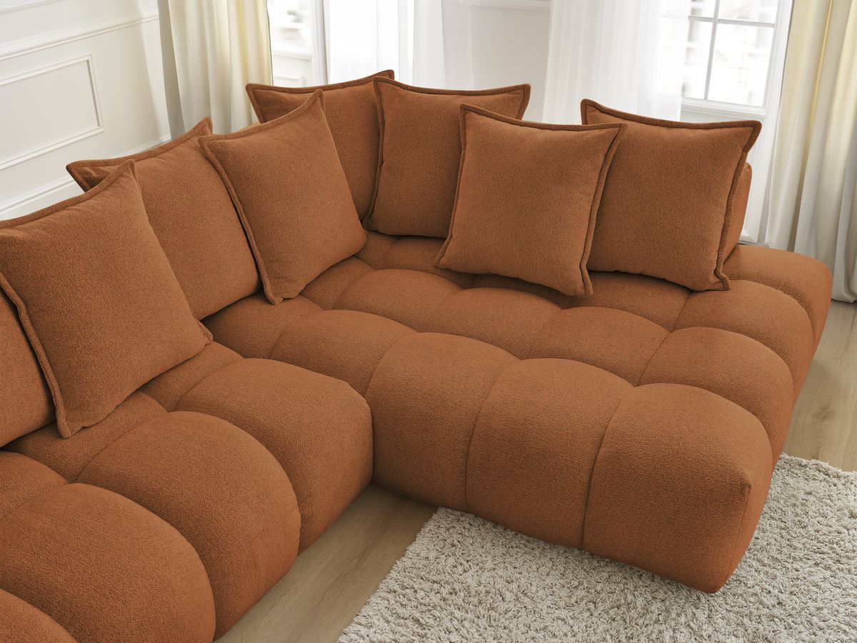 Bobochic Everest Ecksofa mit Schlaffunktion und Pouf, 10 Kissen Melange-Stoff Orange Ecke rechts