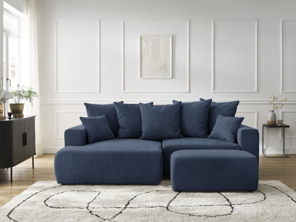 Bobochic Atilla Ecksofa mit Schlaffunktion und Bettkasten und Pouf Strukturstoff Dunkelblau Ecke links