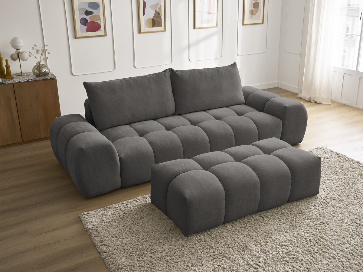 Bobochic Everest Sofa 3-Sitzer mit Pouf, 2 Kissen Strukturstoff Dunkelgrau