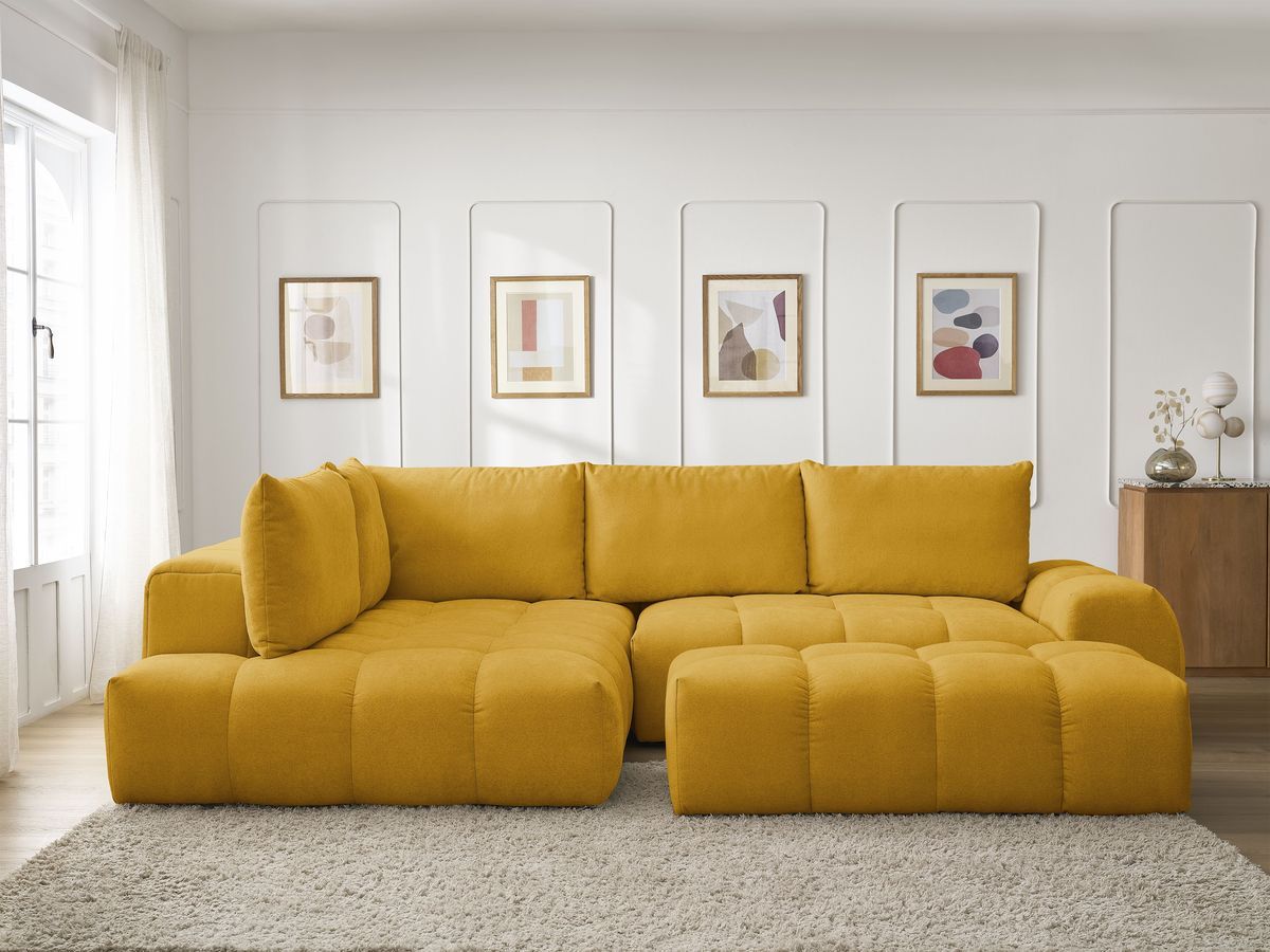 Bobochic Everest Ecksofa mit Schlaffunktion und Bettkasten und Pouf 320 × 212 cm, 5 Kissen Strukturstoff Gelb Ecke links