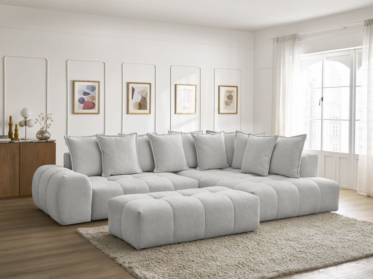 Bobochic Everest Ecksofa mit Schlaffunktion und Bettkasten und Pouf 320 × 212 cm, 10 Kissen Melange-Stoff Hellgrau Ecke rechts