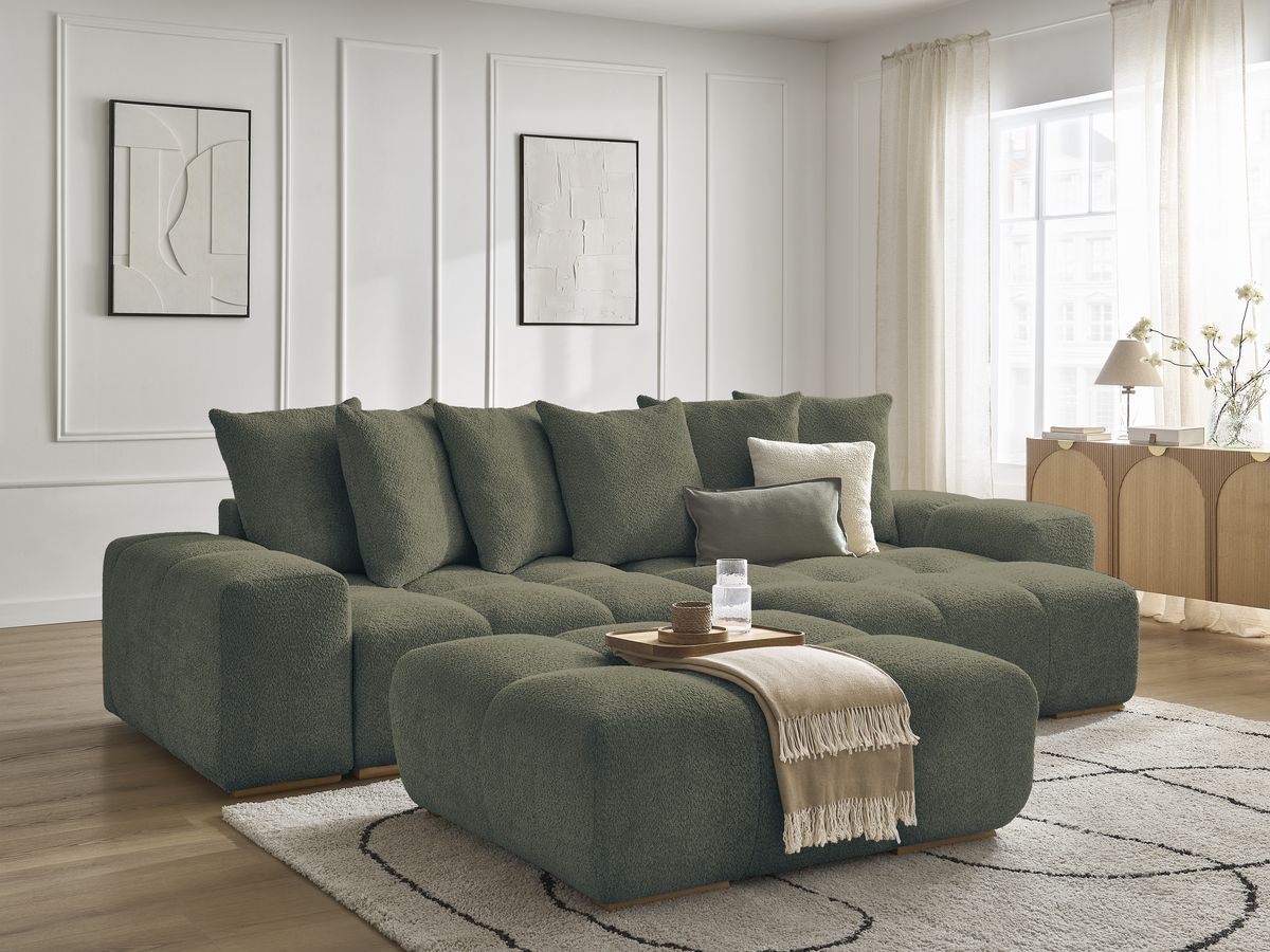 Bobochic Anakin Ecksofa mit Schlaffunktion und Bettkasten und Pouf, 6 Kissen Bouclé-Stoff Grün