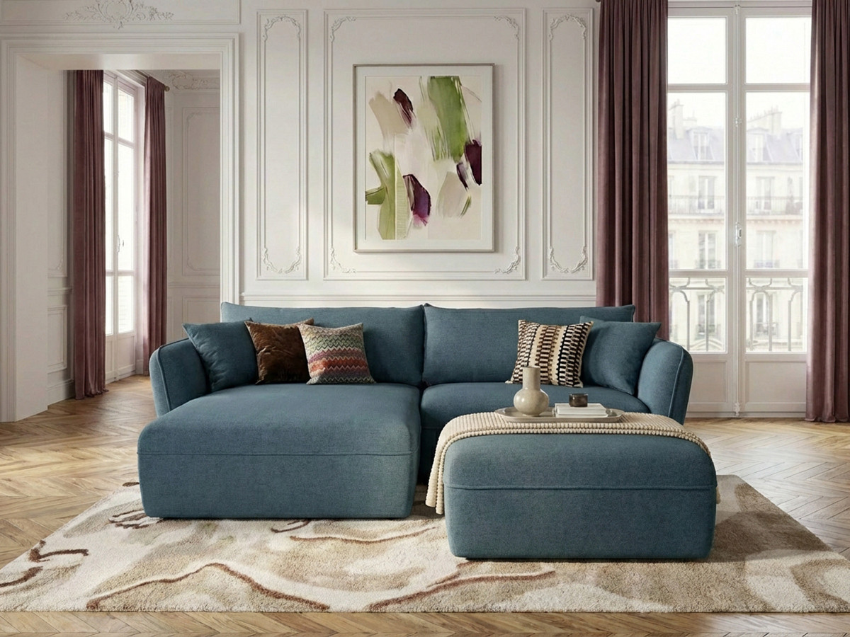 Bobochic Luigi Ecksofa mit Pouf Strukturstoff Blau Ecke links