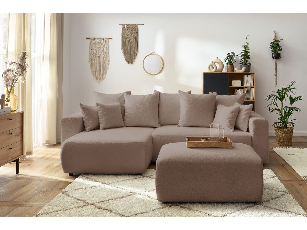Bobochic Envy Ecksofa mit Schlaffunktion und Bettkasten und rechteckigem Pouf Bouclé-Stoff Braun
