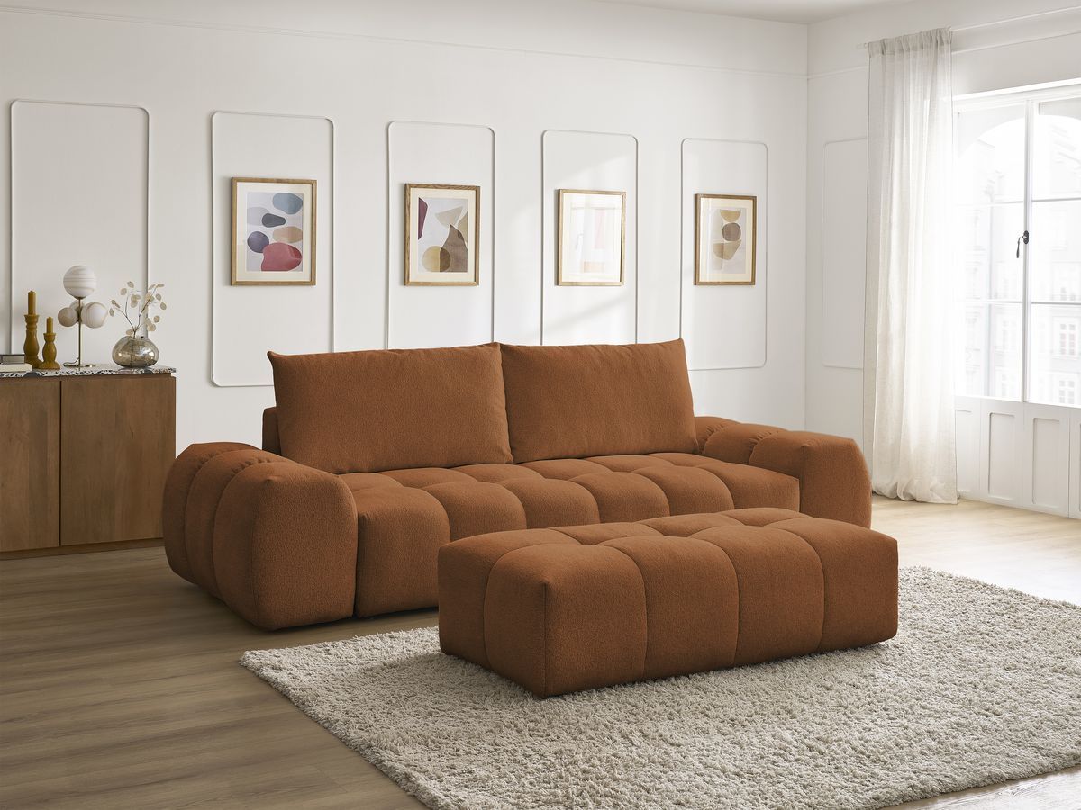 Bobochic Everest Schlafsofa 3-Sitzer mit Bettkasten und Pouf, 2 Kissen Melange-Stoff Orange