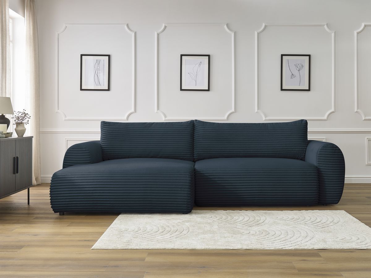 Bobochic Lucien Ecksofa mit Schlaffunktion und Bettkasten 314 × 167 cm Breitcord weich Dunkelblau Ecke links