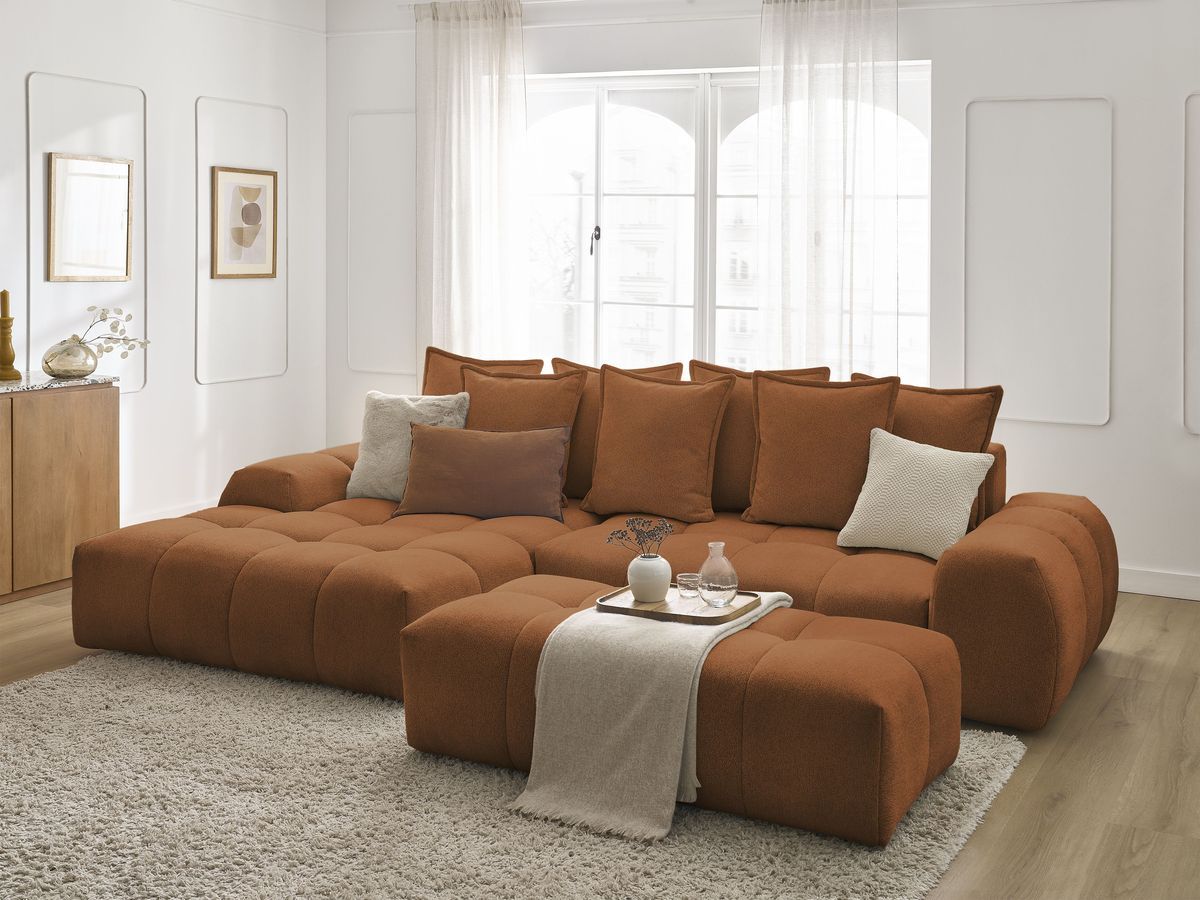Bobochic Everest Ecksofa mit Schlaffunktion und Bettkasten und Pouf 318 × 180 cm, 7 Kissen Melange-Stoff Orange Ecke links