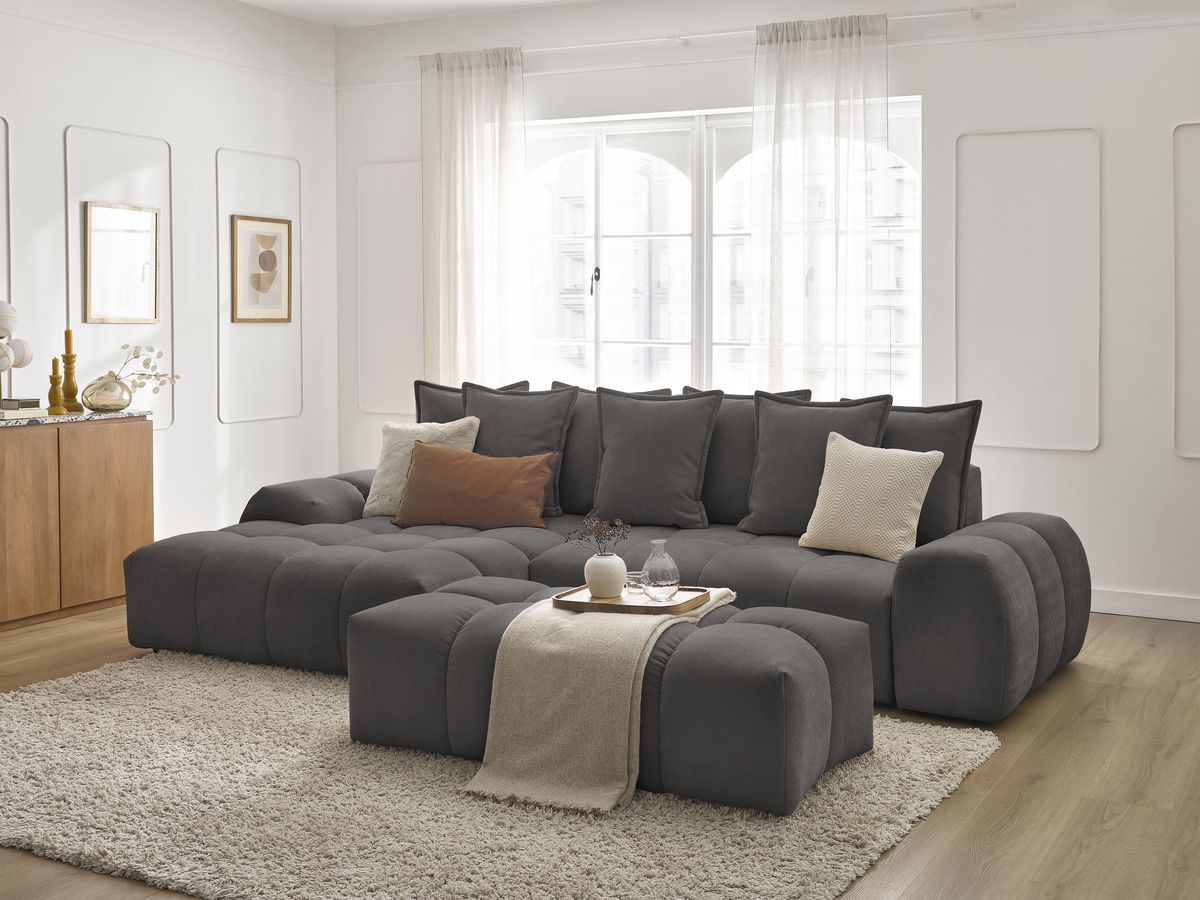 Bobochic Everest Ecksofa mit Schlaffunktion und Bettkasten und Pouf 318 × 180 cm, 7 Kissen Strukturstoff Dunkelgrau Ecke links