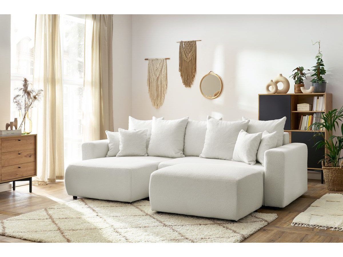Bobochic Envy Ecksofa mit Schlaffunktion und Bettkasten und rechteckigem Pouf Bouclé-Stoff Weiß