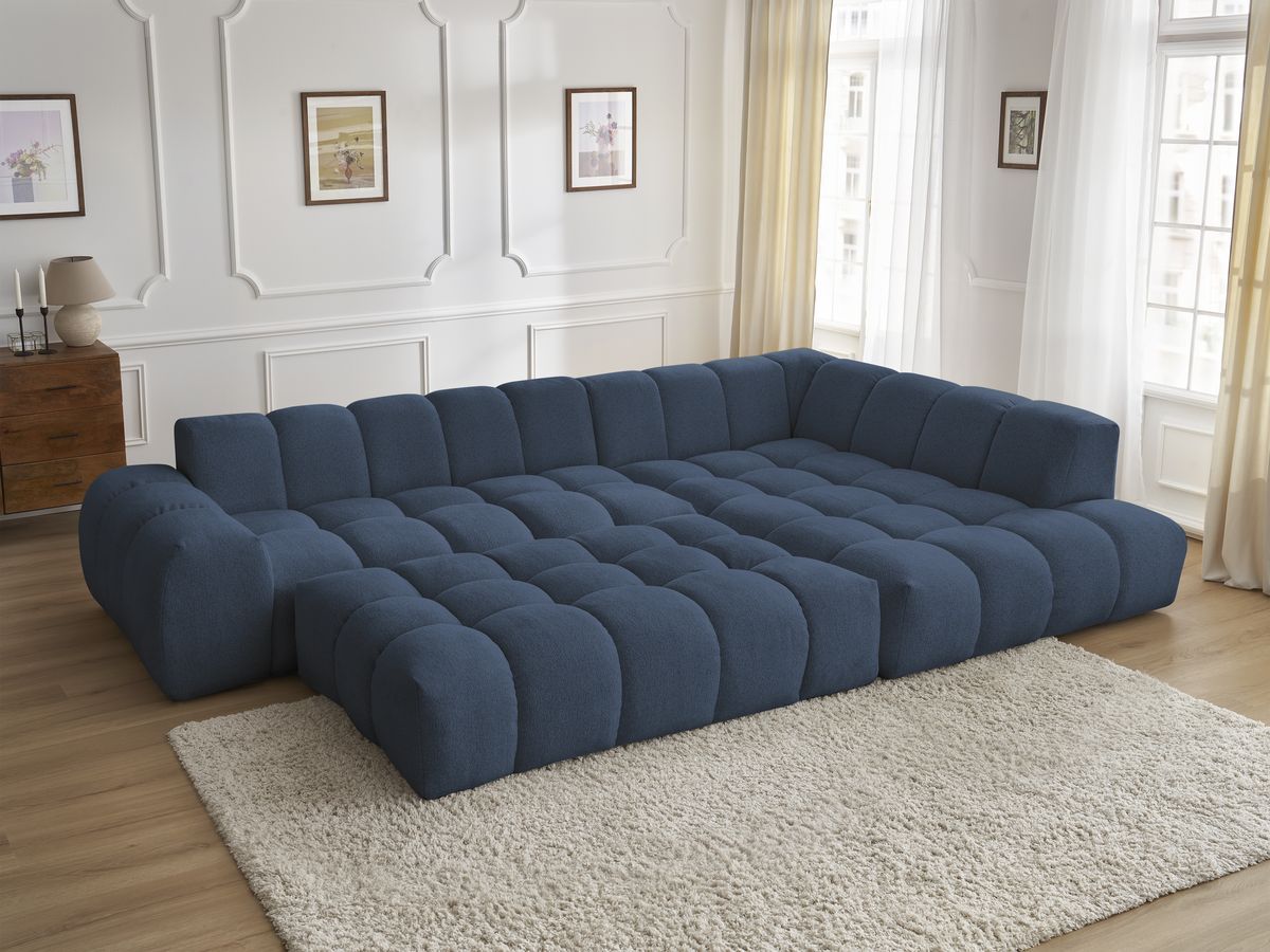 Bobochic Everest Ecksofa mit Schlaffunktion und Pouf, 4 Kissen Melange-Stoff Dunkelblau Ecke rechts