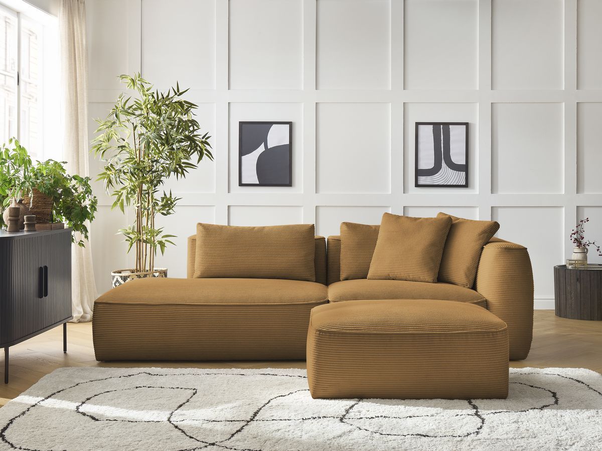 Bobochic Leopold Sofa 4-Sitzer mit Pouf Cordsamt Gelb Armlehne rechts