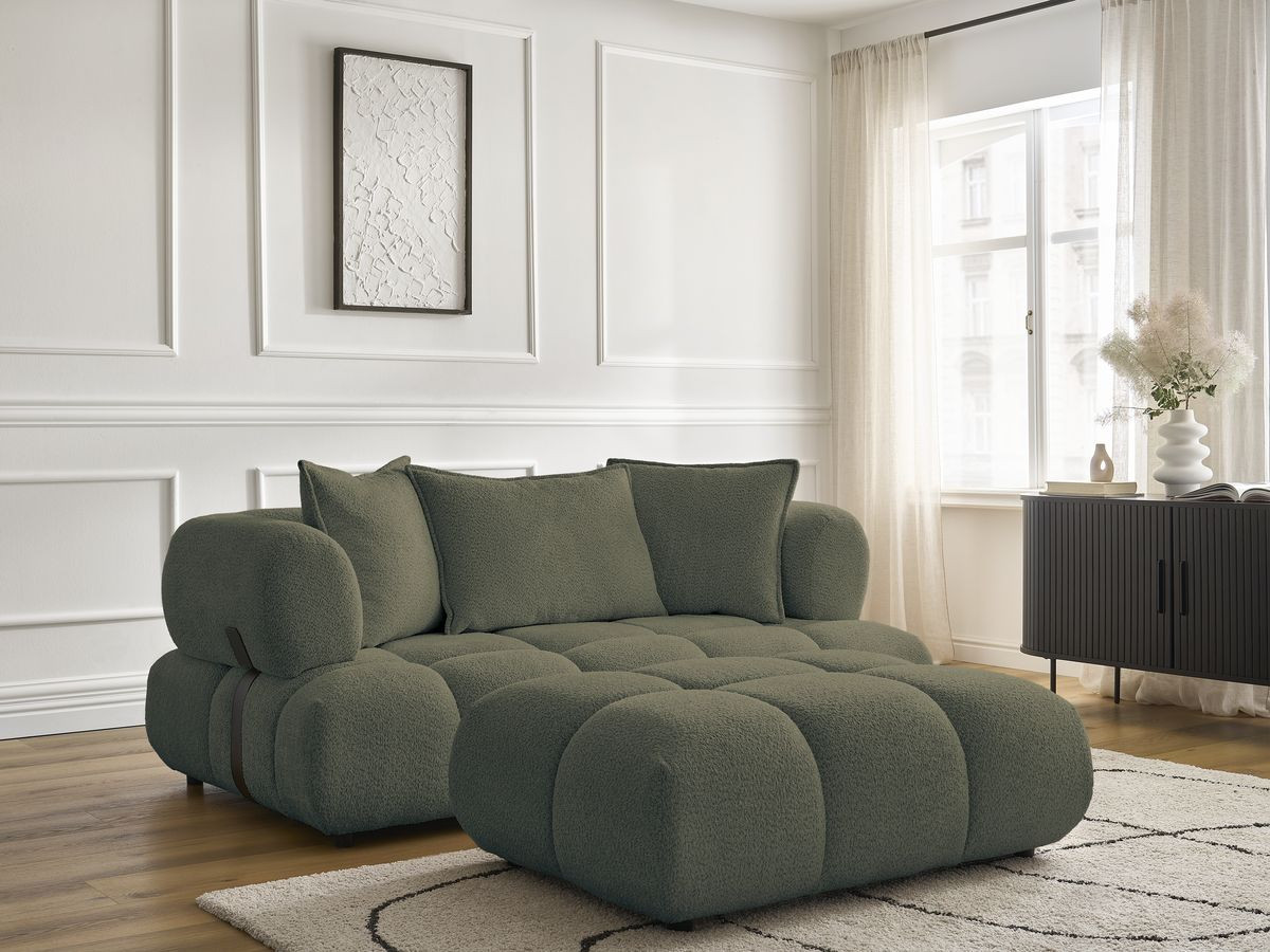Bobochic Alya Sofa 2-Sitzer mit Pouf Bouclé-Stoff Grün