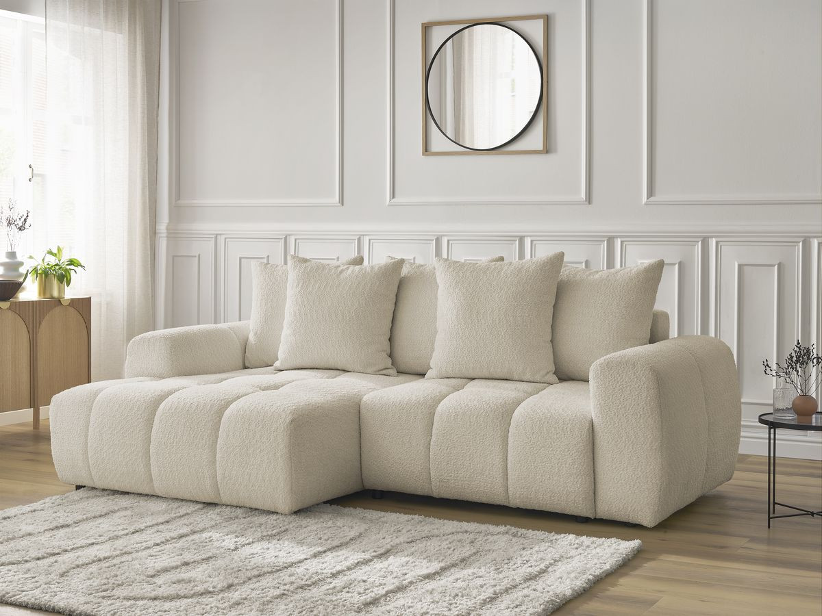 Bobochic Roxelane Ecksofa mit Schlaffunktion und Bettkasten 258 × 150 cm Bouclé-Stoff Beige Ecke links