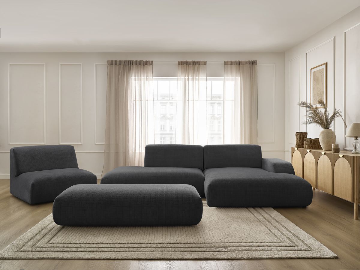 Bobochic Sirius Ecksofa mit Pouf 405 × 170 cm Strukturstoff Schwarz Ecke rechts