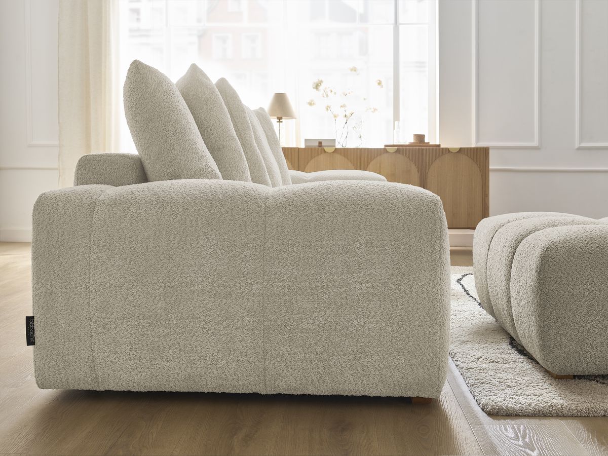 Bobochic Anakin Sofa 3-Sitzer mit Pouf, 6 Kissen Bouclé-Stoff Beige