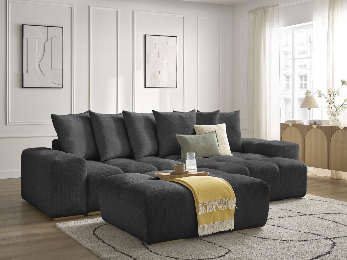 Bobochic Anakin Ecksofa mit Pouf, 6 Kissen Strukturstoff Schwarz