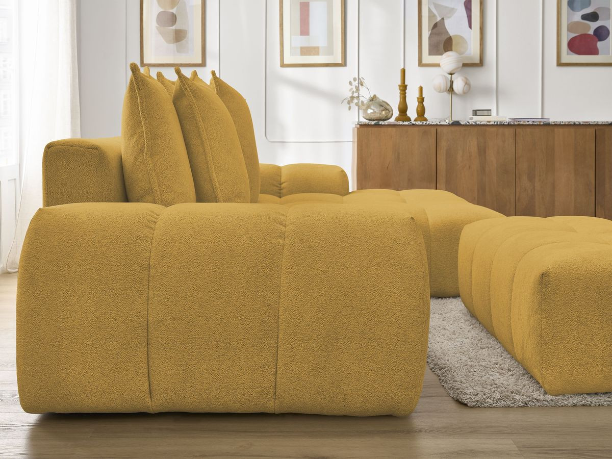 Bobochic Everest Ecksofa mit Schlaffunktion und Bettkasten und Pouf 318 × 180 cm, 7 Kissen Melange-Stoff Gelb Ecke rechts