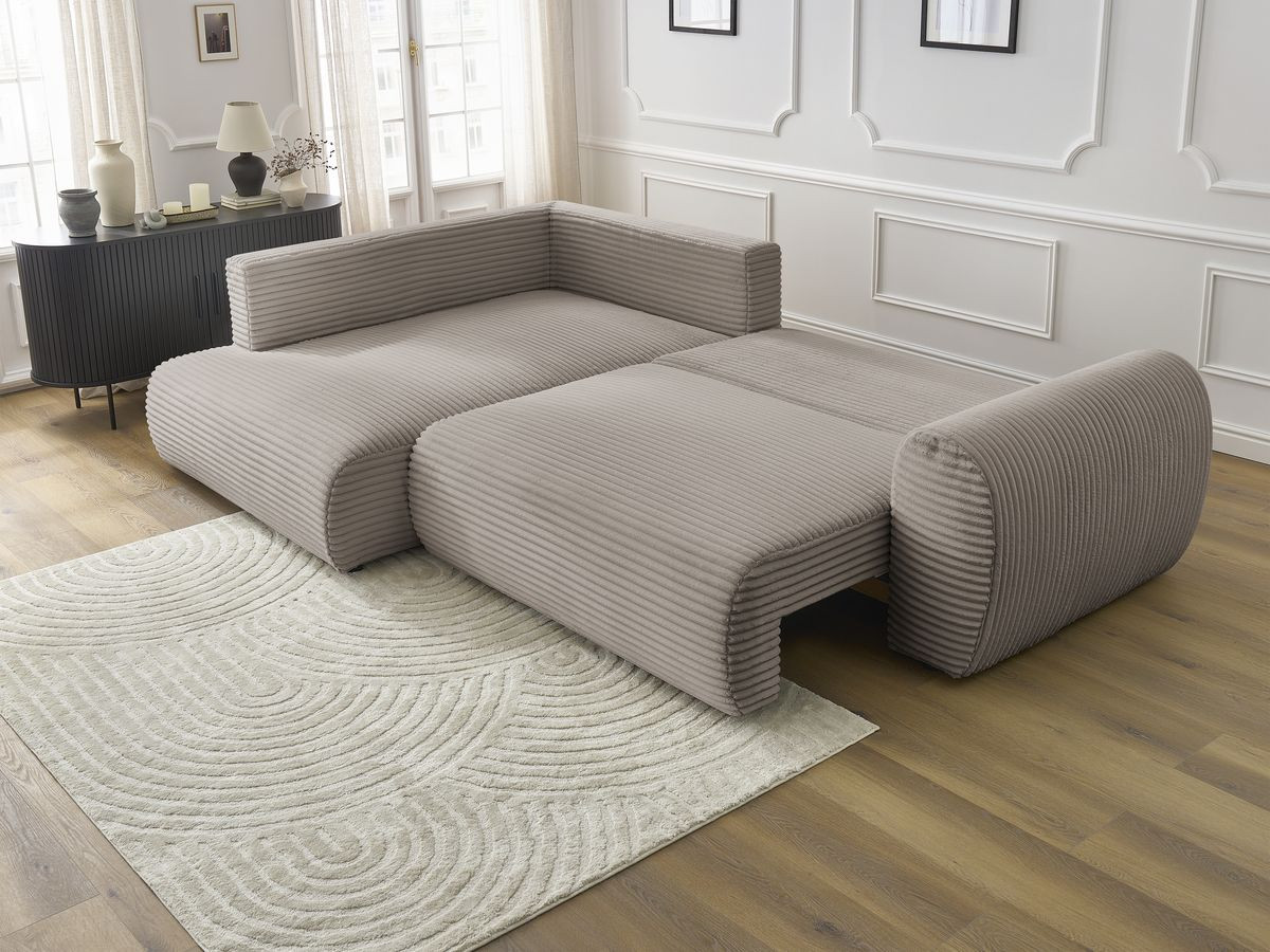 Bobochic Lucien Ecksofa mit Schlaffunktion und Bettkasten 296 × 198 cm Breitcord weich Taupe Ecke links