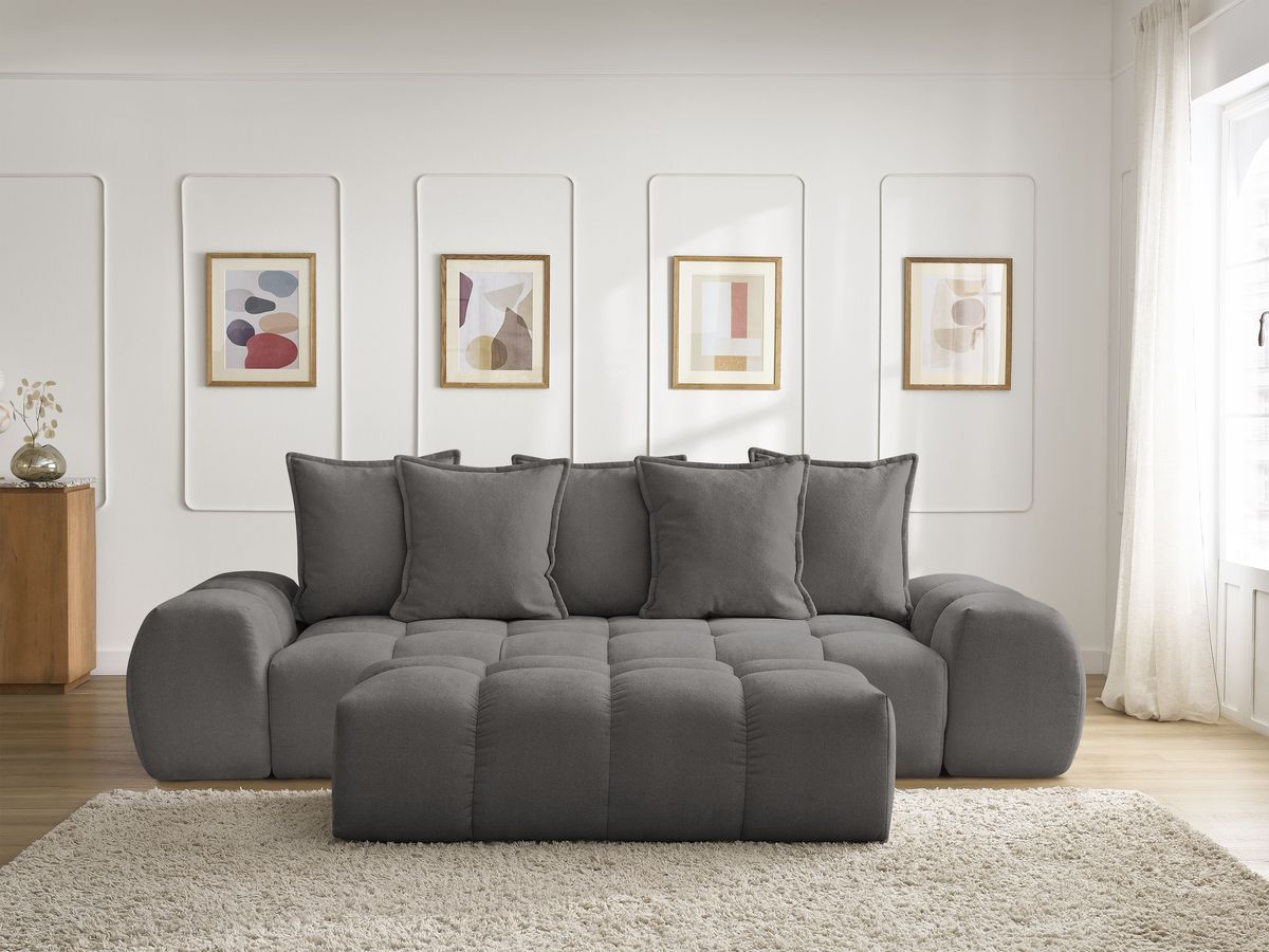 Bobochic Everest Schlafsofa 3-Sitzer mit Bettkasten und Pouf, 5 Kissen Strukturstoff Dunkelgrau