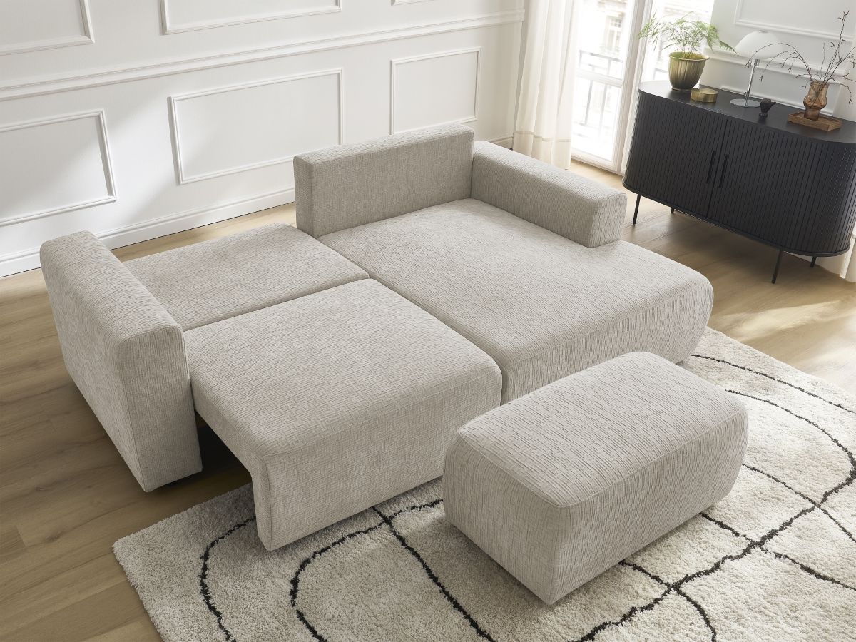 Bobochic Atilla Ecksofa mit Schlaffunktion und Bettkasten und Pouf Strukturstoff Beige Ecke rechts