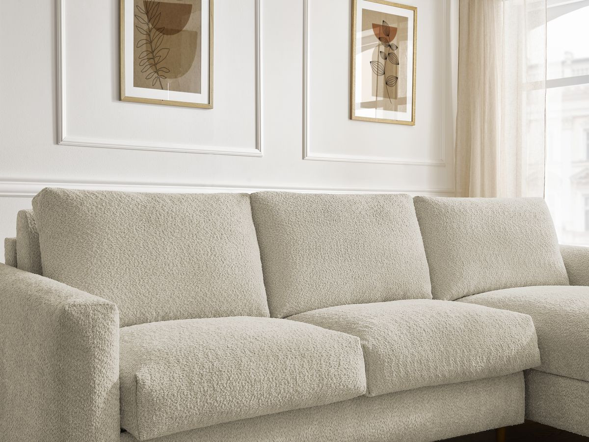Bobochic Cocoone Ecksofa mit Schlaffunktion und Bettkasten Bouclé-Stoff Beige, Liegefläche 160 × 200 cm