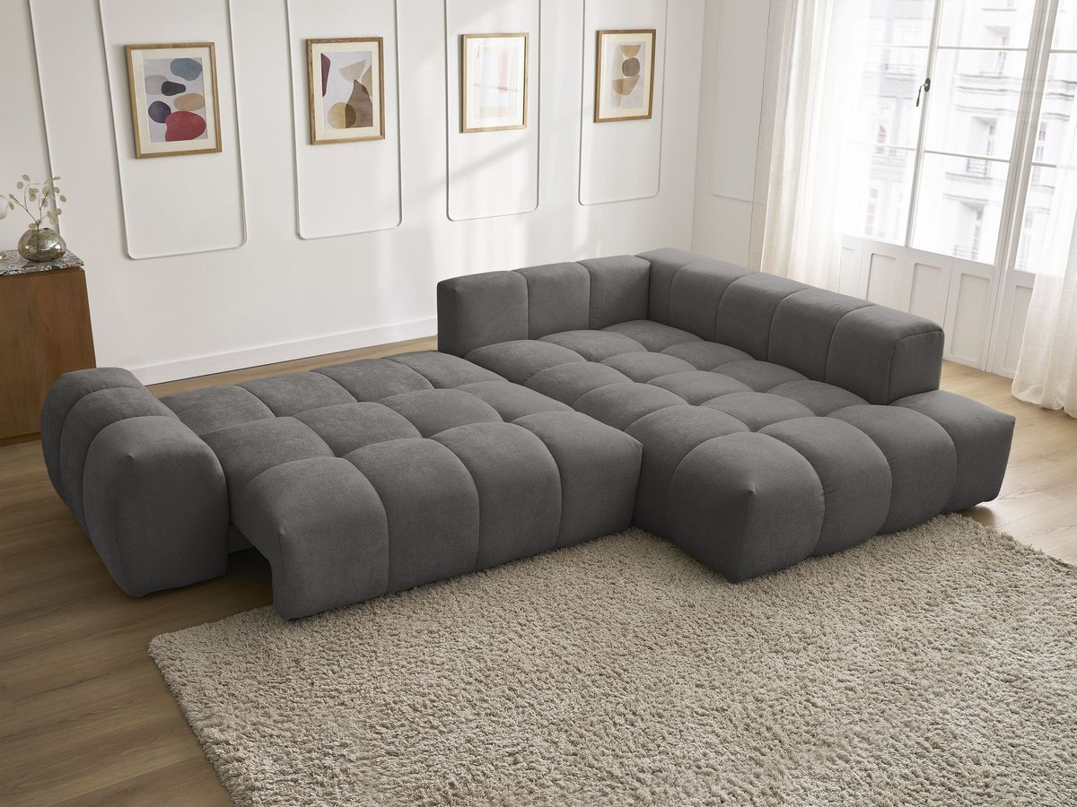 Bobochic Everest Ecksofa mit Schlaffunktion und Bettkasten 320 × 212 cm, 10 Kissen Strukturstoff Dunkelgrau Ecke rechts