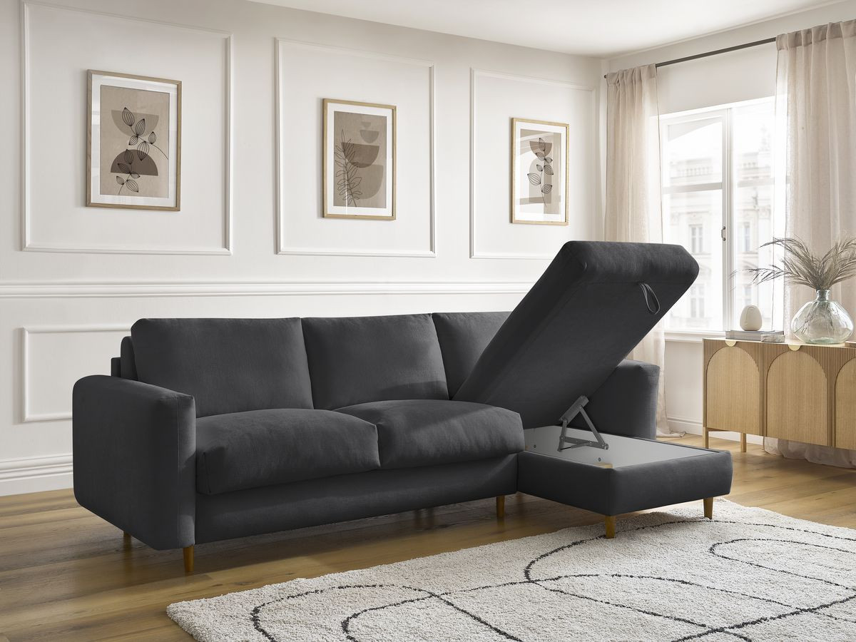 Bobochic Cocoone Ecksofa mit Schlaffunktion und Bettkasten Stoff Schwarz, Liegefläche 160 × 200 cm