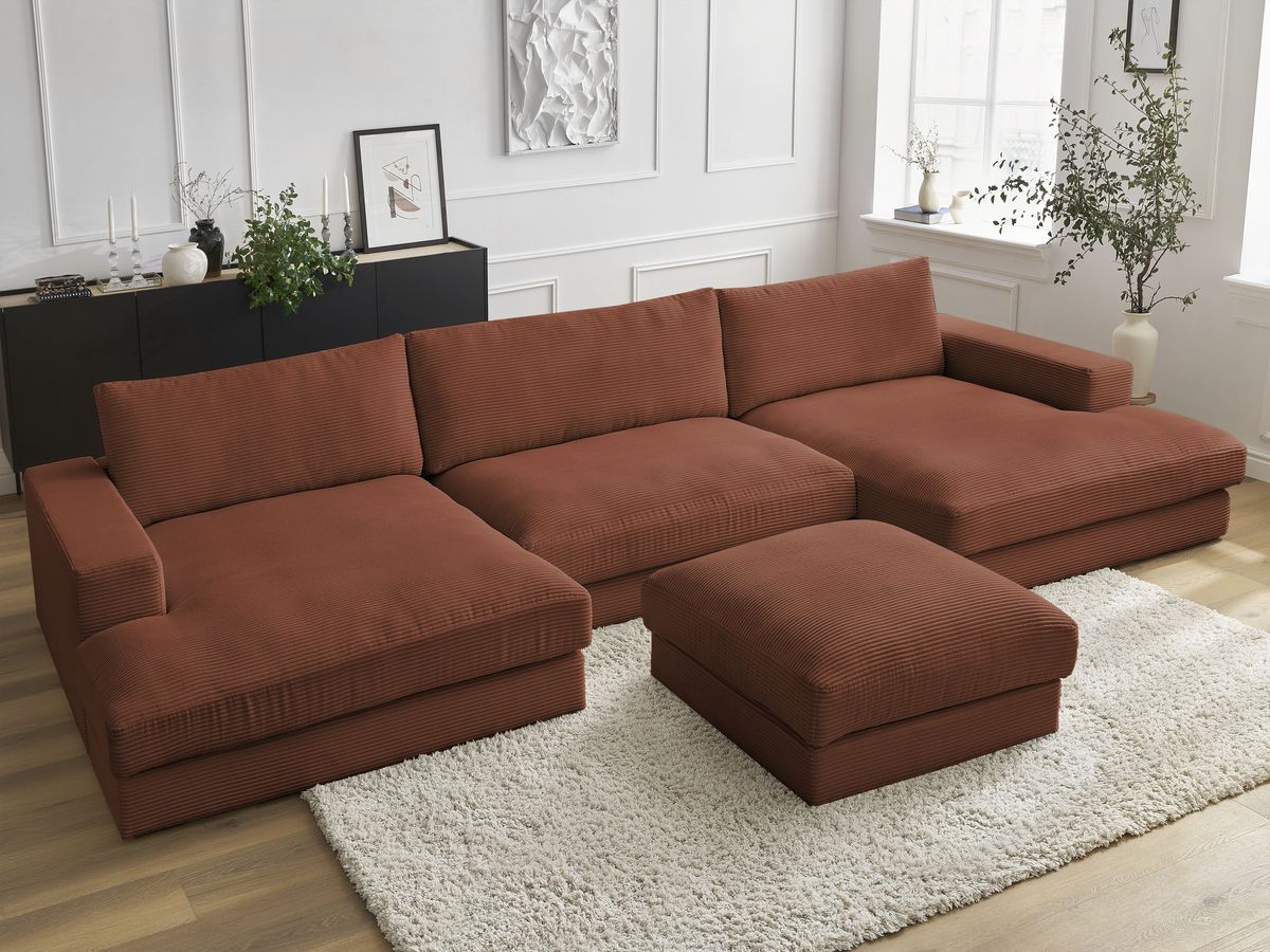 Bobochic Leonard Wohnlandschaft mit Pouf 404 × 159 cm Cordsamt Orange