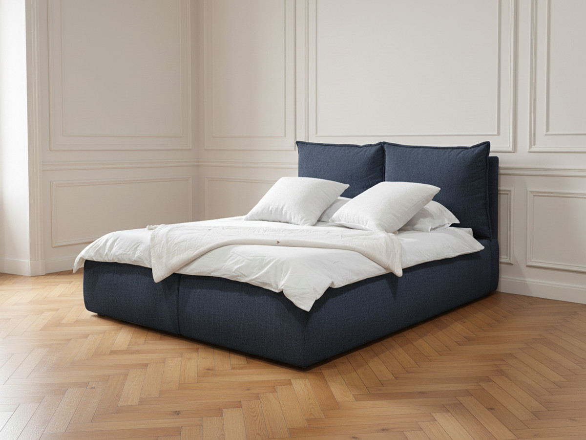 Bobochic Garance Polsterbett mit Bettkasten Stoff Blau, Liegefläche 160 × 200 cm