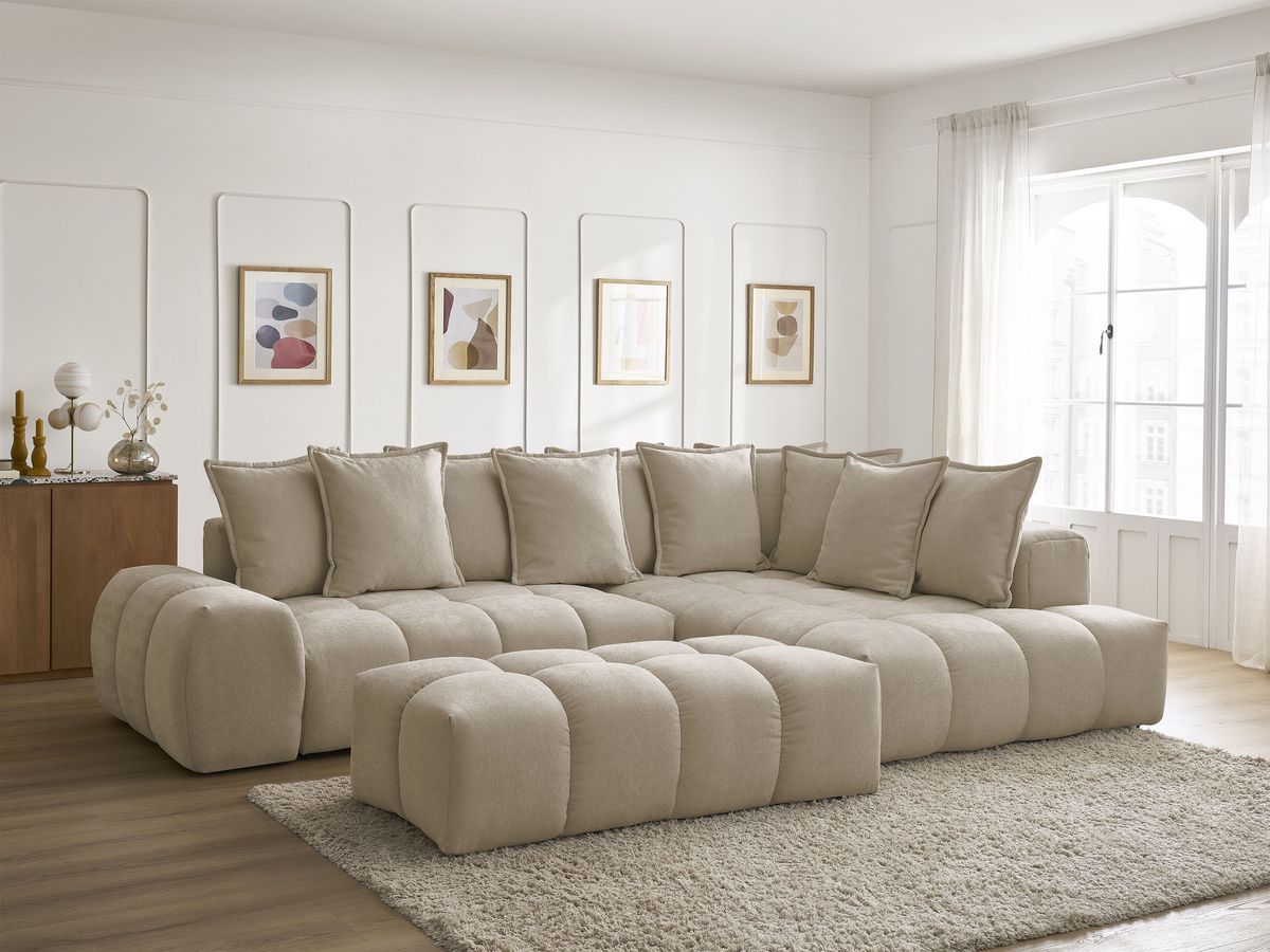 Bobochic Everest Ecksofa mit Schlaffunktion und Bettkasten und Pouf 320 × 212 cm, 10 Kissen Strukturstoff Taupe Ecke rechts