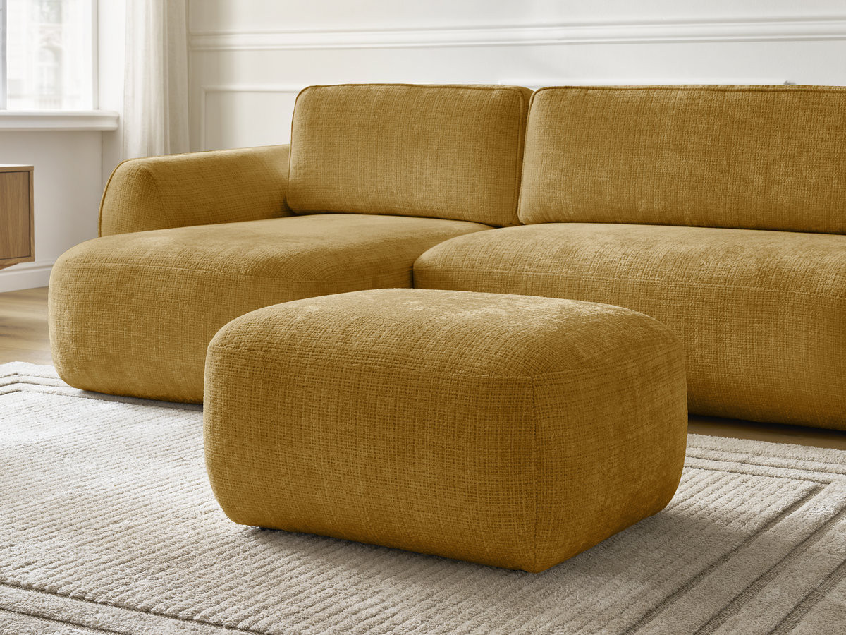 Bobochic Denise Ecksofa mit Schlaffunktion und Bettkasten und Pouf 258 × 160 cm Strukturstoff Gelb Ecke links