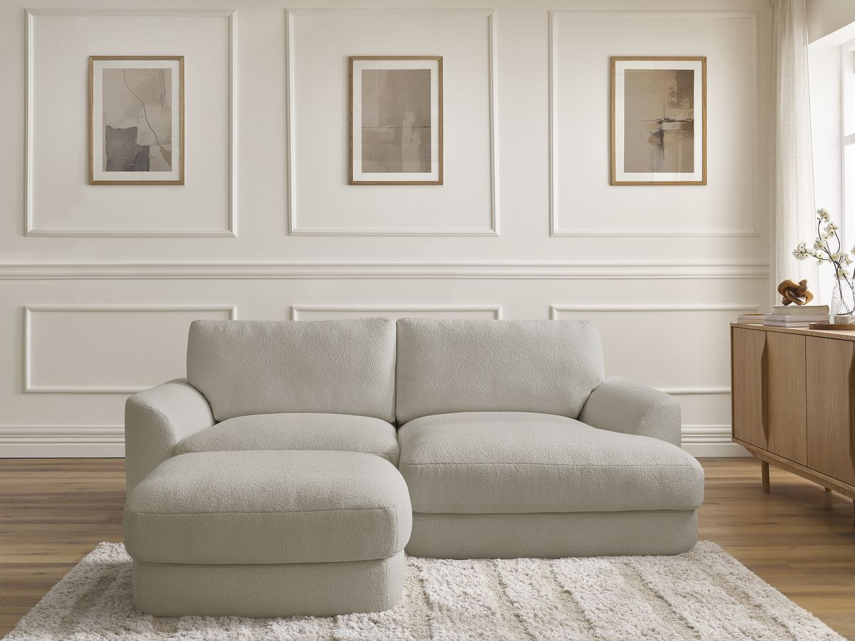 Bobochic Leonore Ecksofa mit Pouf Bouclé-Stoff Taupe Ecke rechts