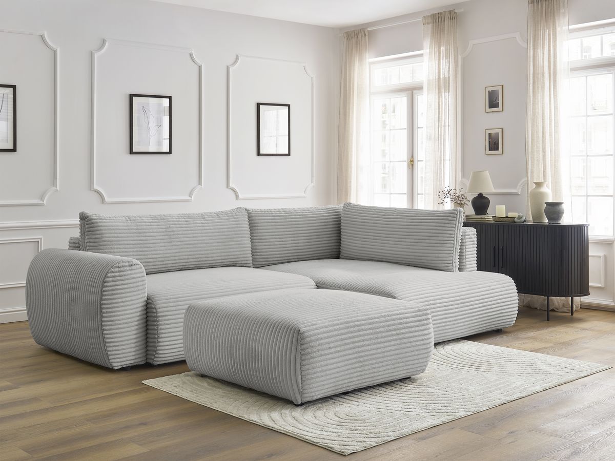 Bobochic Lucien Ecksofa mit Schlaffunktion und Bettkasten und Pouf 296 × 198 cm Breitcord weich Hellgrau Ecke rechts