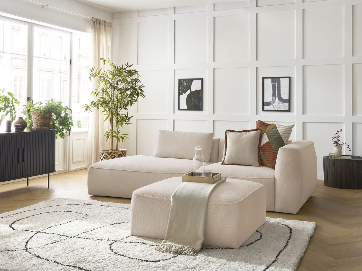 Bobochic Leopold Sofa 4-Sitzer mit Pouf Melange-Stoff Beige Armlehne rechts