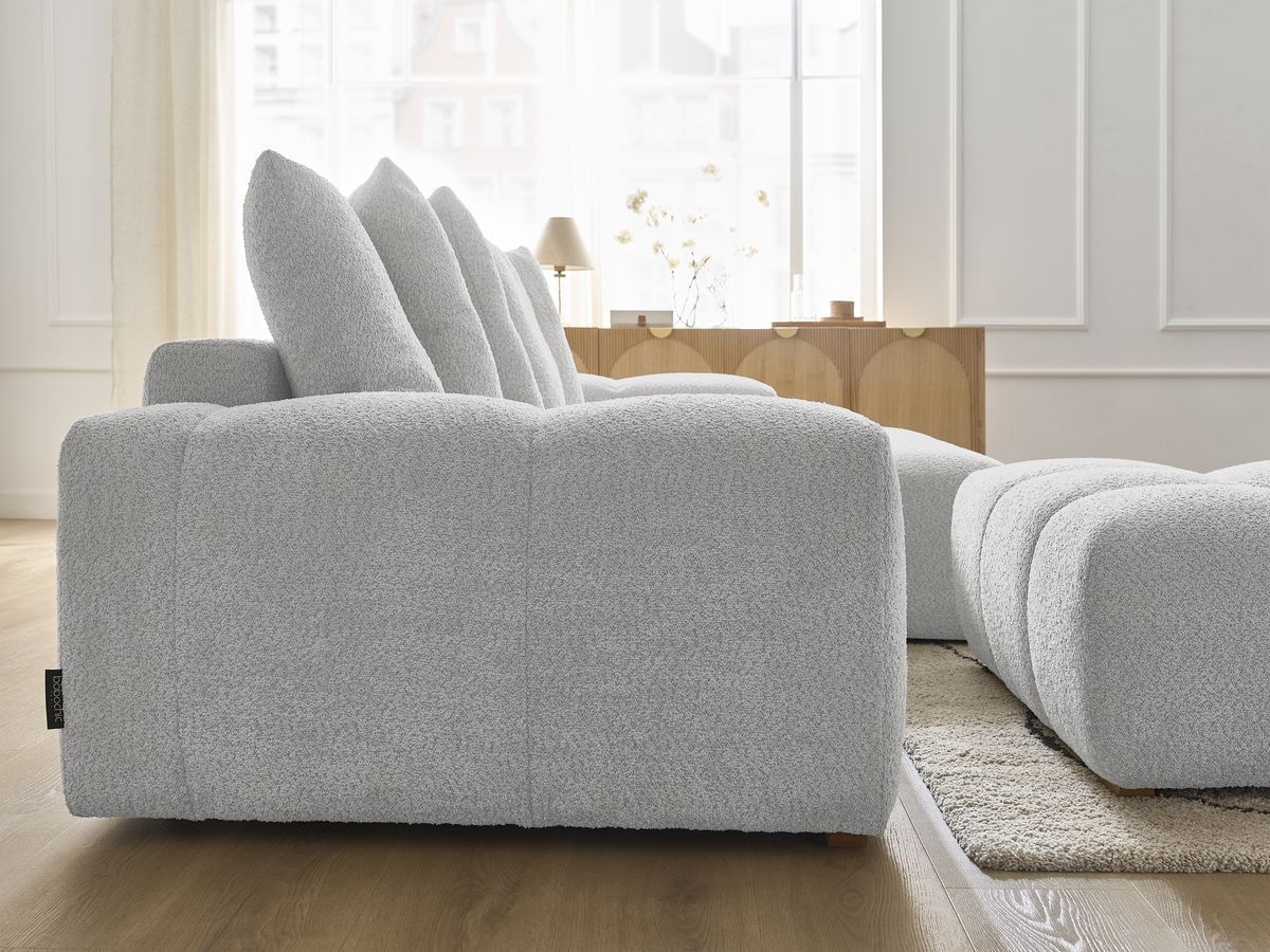 Bobochic Anakin Ecksofa mit Pouf, 6 Kissen Bouclé-Stoff Hellgrau