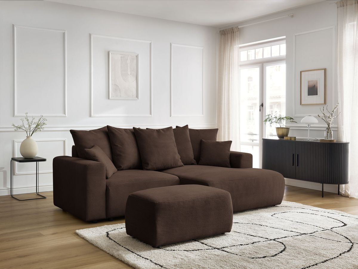 Bobochic Atilla Ecksofa mit Schlaffunktion und Bettkasten und Pouf Cordsamt Braun Ecke rechts
