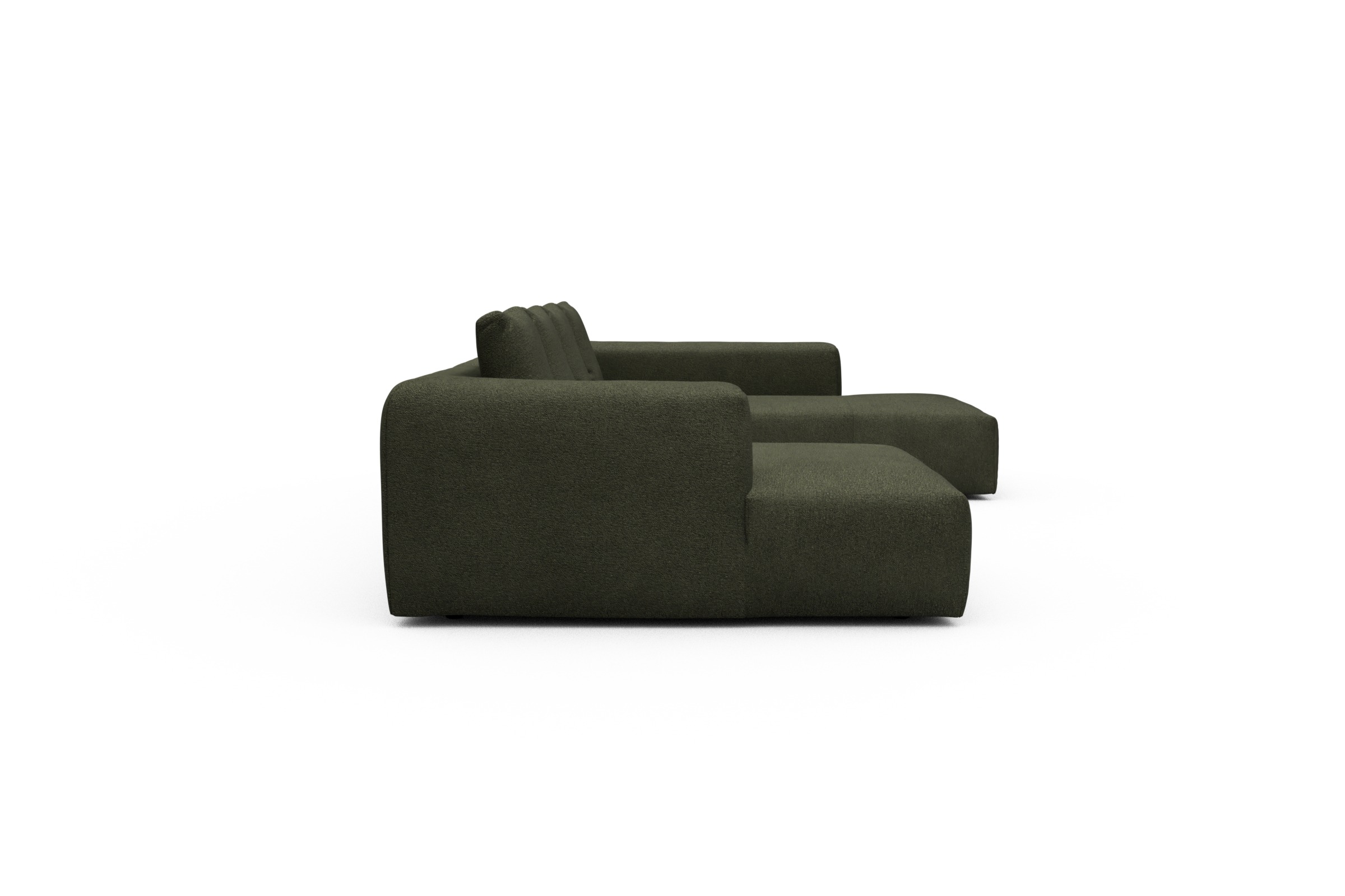 Wohnlandschaft Fred Relax-Ecke rechts mit 2-Sitzer und Chaiselongue links Boucle-Forest-Green