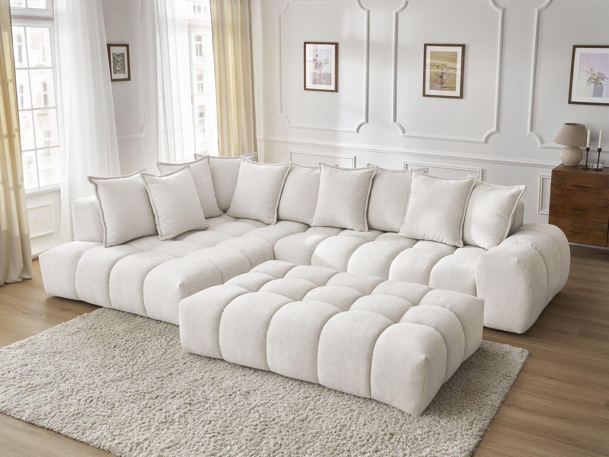 Bobochic Everest Ecksofa mit Schlaffunktion und Pouf, 10 Kissen Strukturstoff Weiß Ecke links