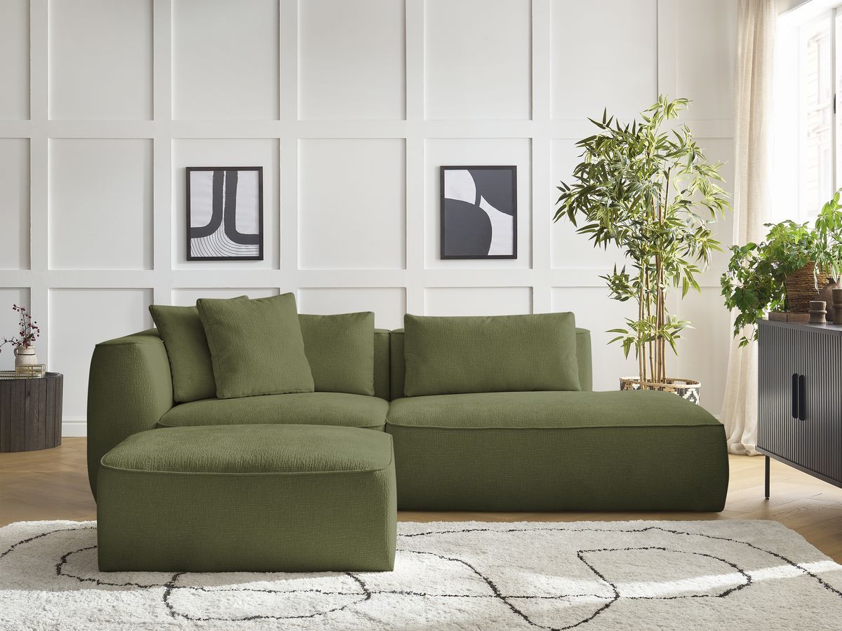 Bobochic Leopold Sofa 4-Sitzer mit Pouf Strukturstoff Dunkelgrün Armlehne links