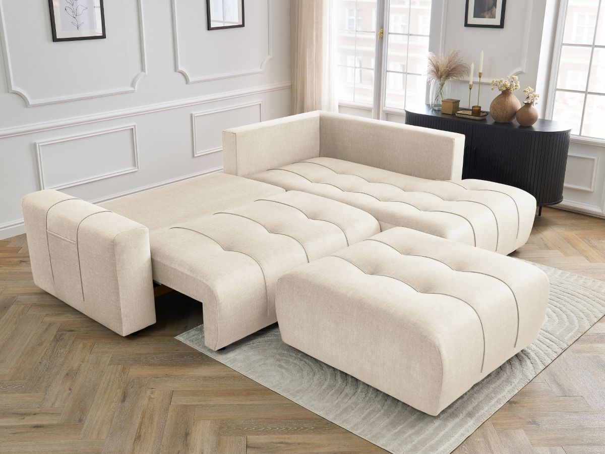 Bobochic Arsene Ecksofa mit Schlaffunktion und Bettkasten und Pouf 277 × 200 cm Samt Beige Ecke rechts