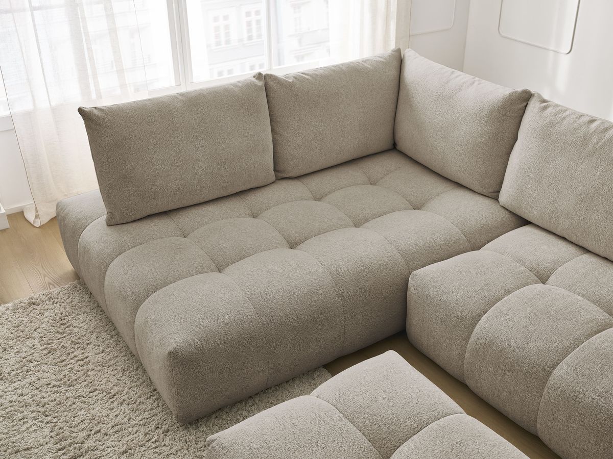 Bobochic Everest Ecksofa mit Schlaffunktion und Bettkasten und Pouf 320 × 212 cm, 5 Kissen Melange-Stoff Taupe Ecke links