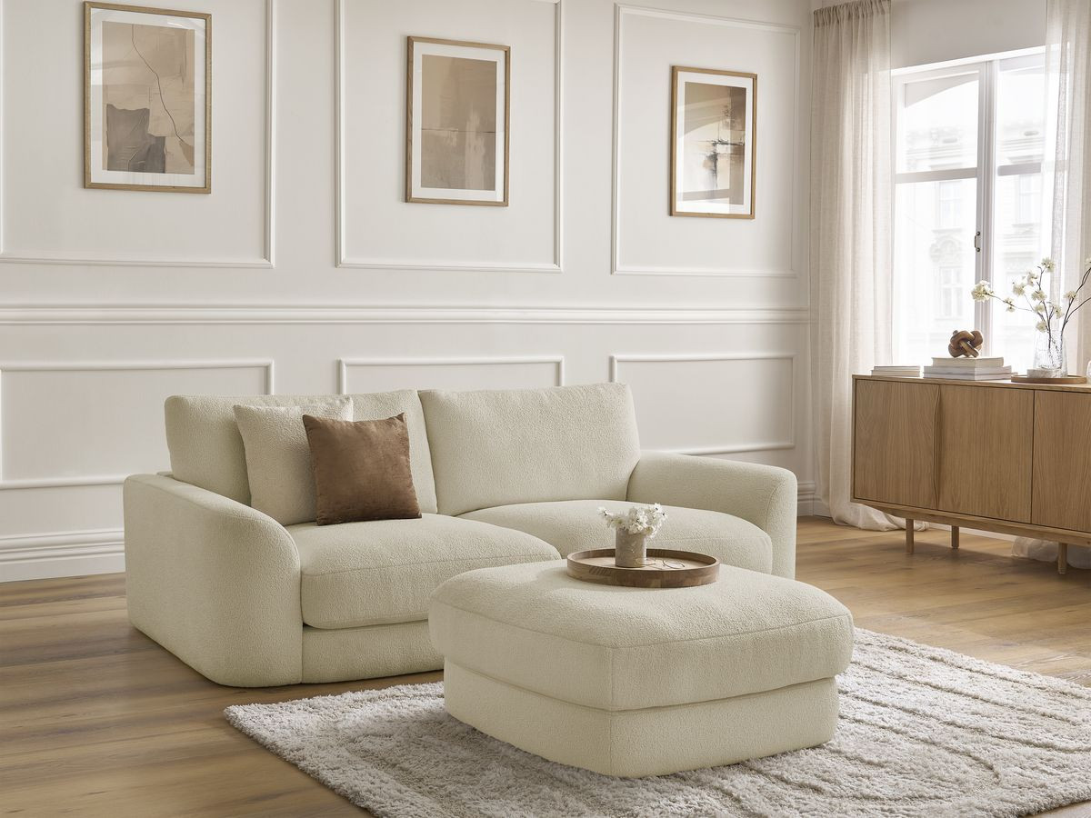 Bobochic Leonore Sofa 3-Sitzer mit Pouf Bouclé-Stoff Beige