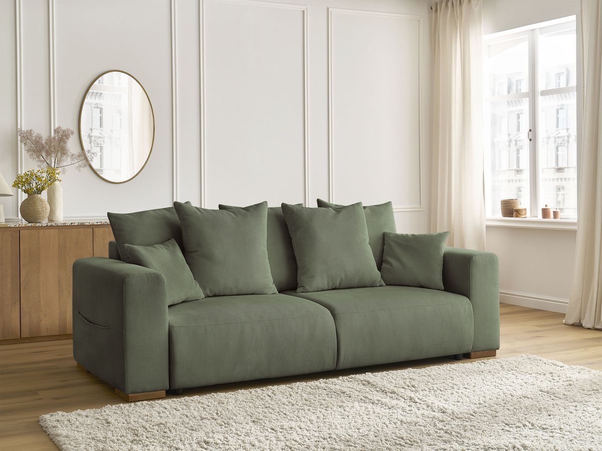 Bobochic Sidonie Schlafsofa 3-Sitzer mit Bettkasten Cordsamt Grün