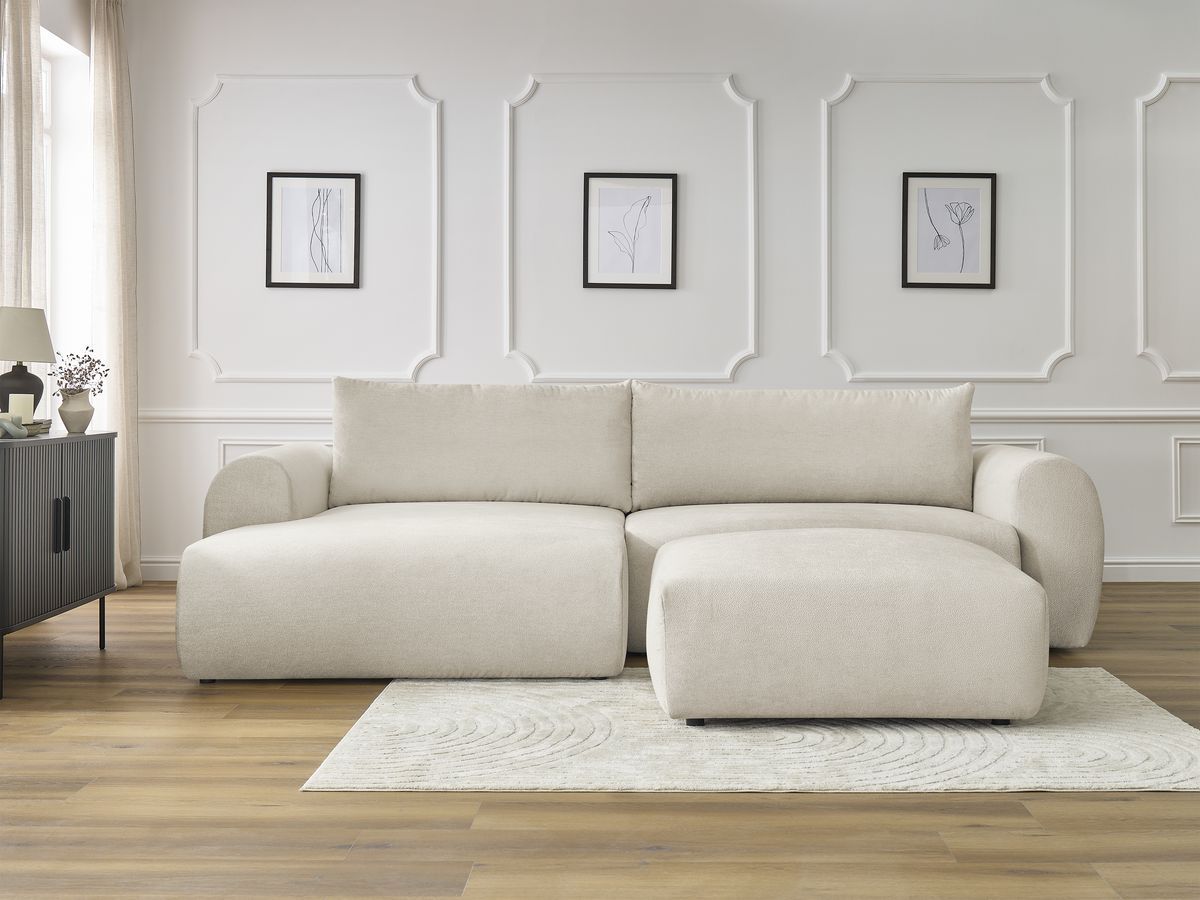 Bobochic Lucien Ecksofa mit Schlaffunktion und Bettkasten und Pouf 314 × 167 cm Stoff Beige Ecke links
